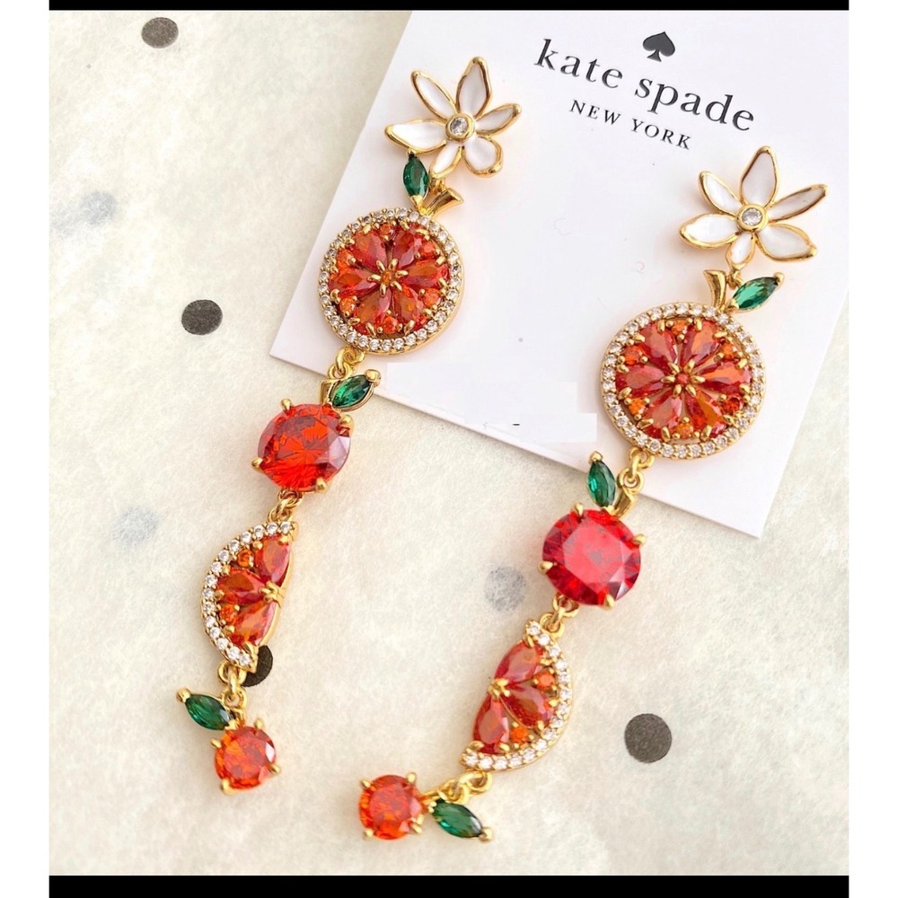 Kate Spade Citrus Fruit Drop Earrings Gold Tone Crystal Orange Flower NWT Boho - Picture 5 of 6